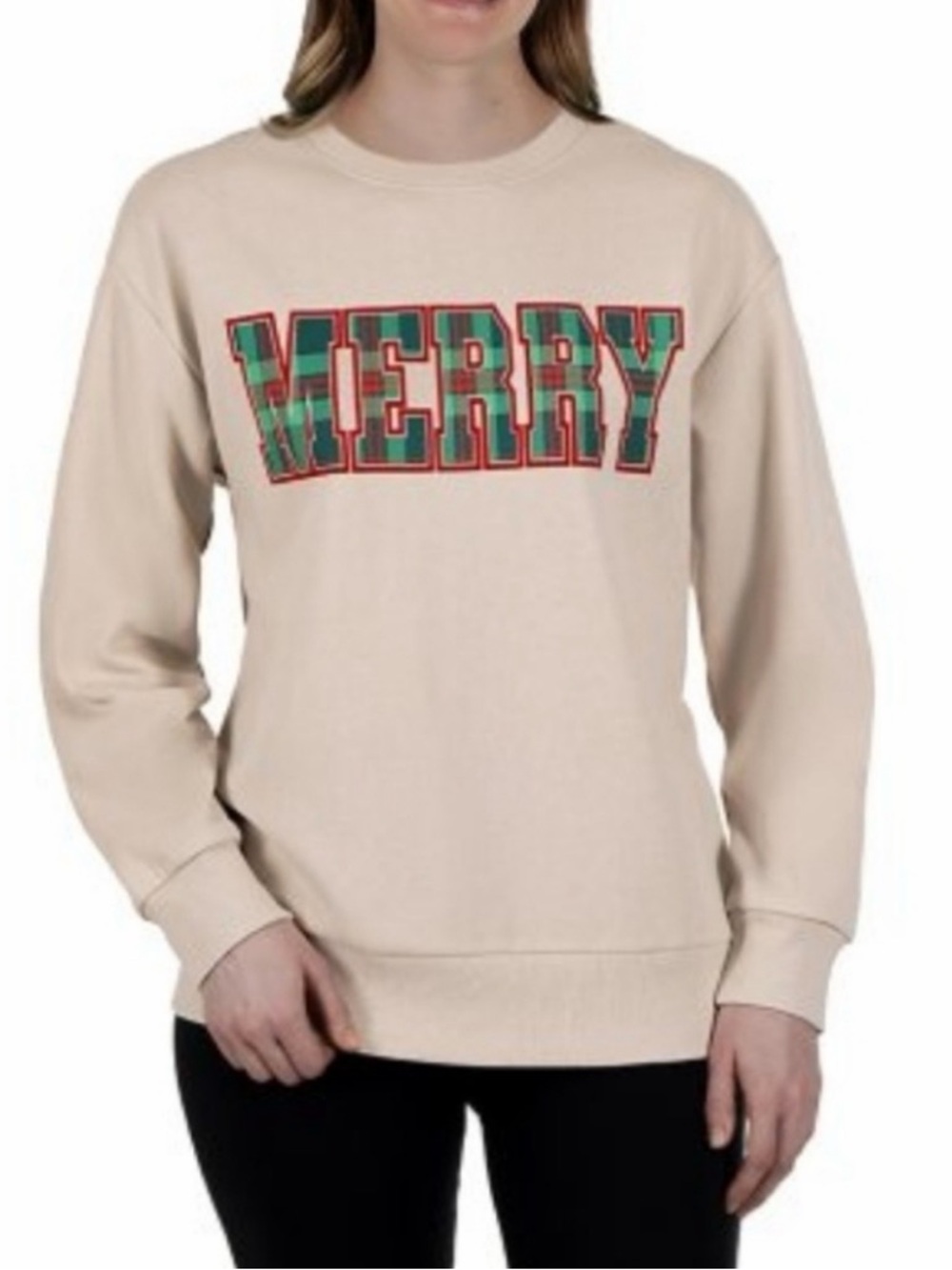 State of Mine Cream Crewneck Sweatshirt with Green & Red Plaid 'MERRY'